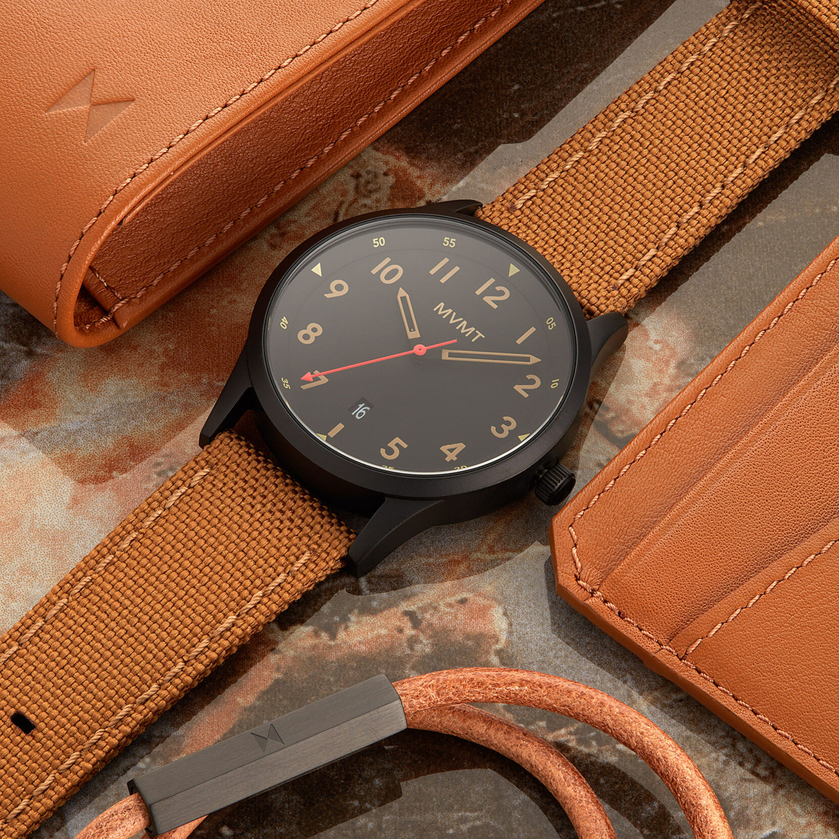 Gold Tone Cloth Strap w/ Leather Tabs (Brown)