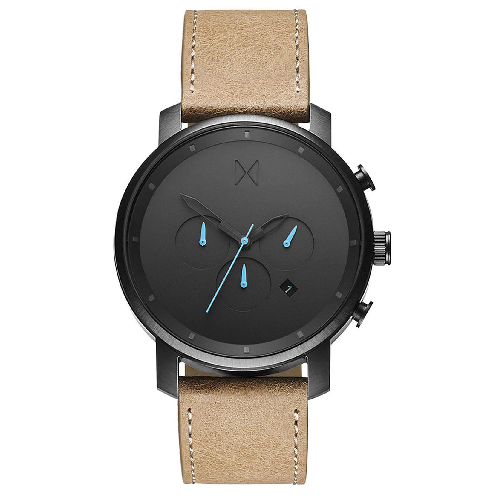 MVMT Chrono Gunmetal with leather strap, three subdials and a bright blue display