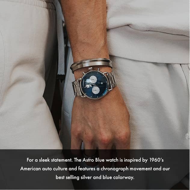 For a sleek statement. The Astro Blue watch is inspired by 1960's American auto culture and features a chronograph movement and our best selling silver and blue colorway.