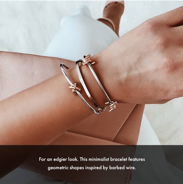 For an edgier look. This minimalist bracelet features geometric shapes inspired by barbed wire.